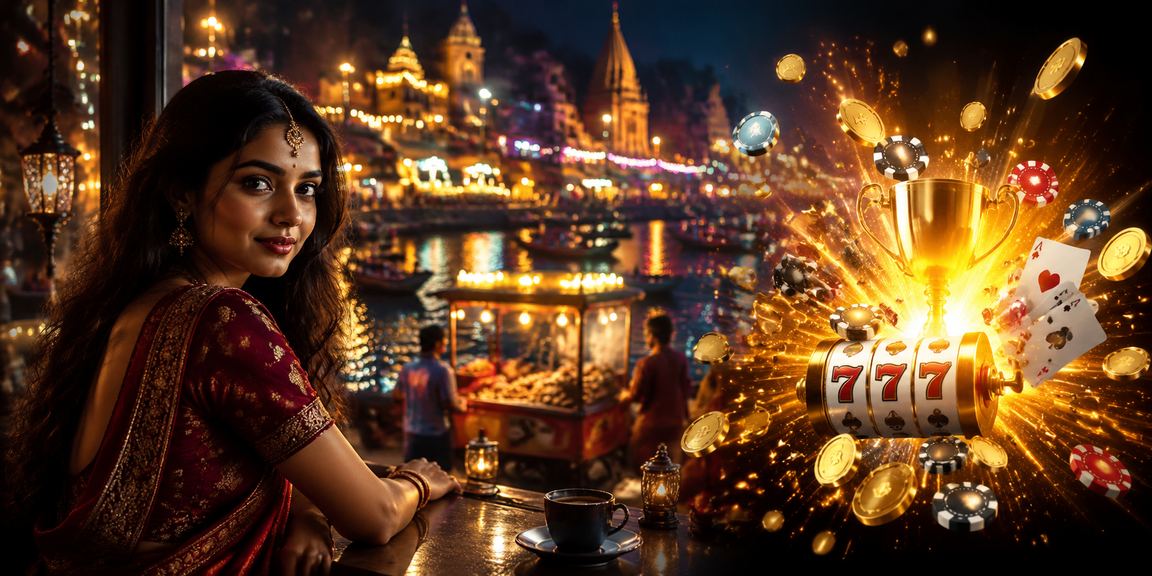 Evening Varanasi ghat with casino app concept on mobile